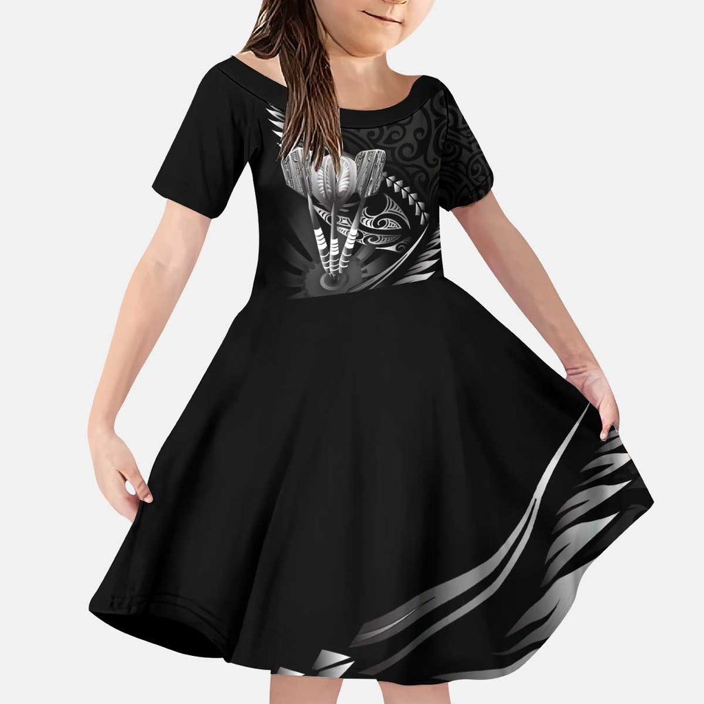 Personalised All Black New Zealand Darts Kid Short Sleeve Dress Aoteroa Fern Maori Galaxy Style