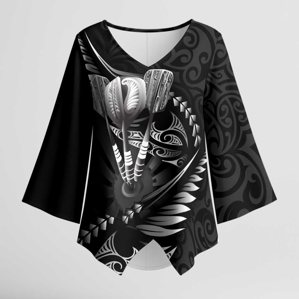 Personalised All Black New Zealand Darts Kimono Sleeve Blouse Aoteroa Fern Maori Galaxy Style - Aussie Hoodie