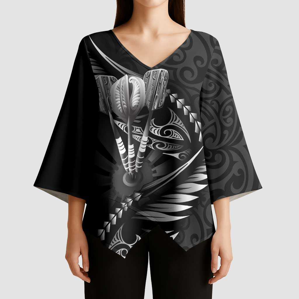 Personalised All Black New Zealand Darts Kimono Sleeve Blouse Aoteroa Fern Maori Galaxy Style - Aussie Hoodie