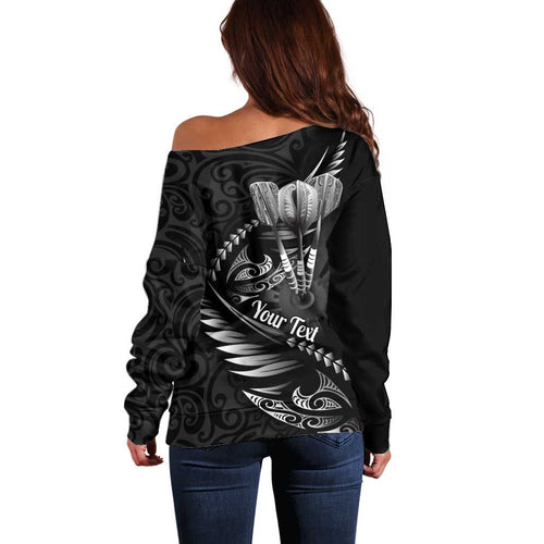 Personalised All Black New Zealand Darts Off Shoulder Sweater Aoteroa Fern Maori Galaxy Style