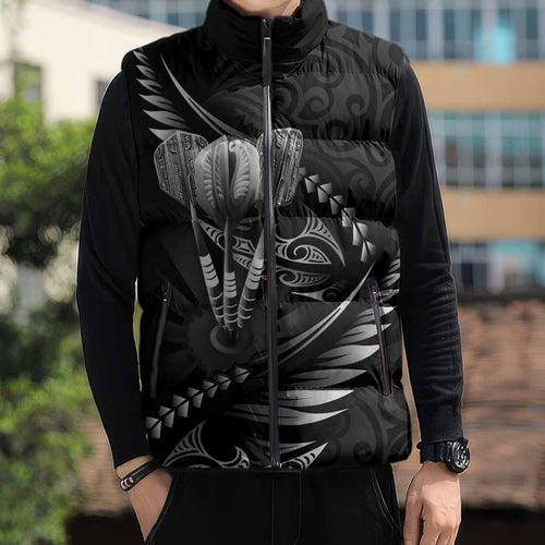 Personalised All Black New Zealand Darts Sleeveless Puffer Jacket Aoteroa Fern Maori Galaxy Style - Aussie Hoodie