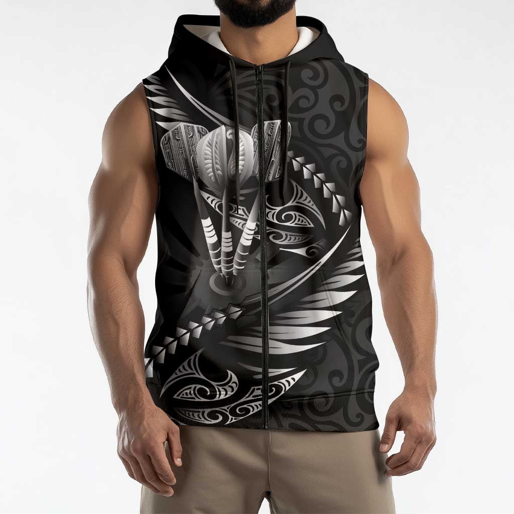 Personalised All Black New Zealand Darts Sleeveless Zip Hoodie Aoteroa Fern Maori Galaxy Style LT14