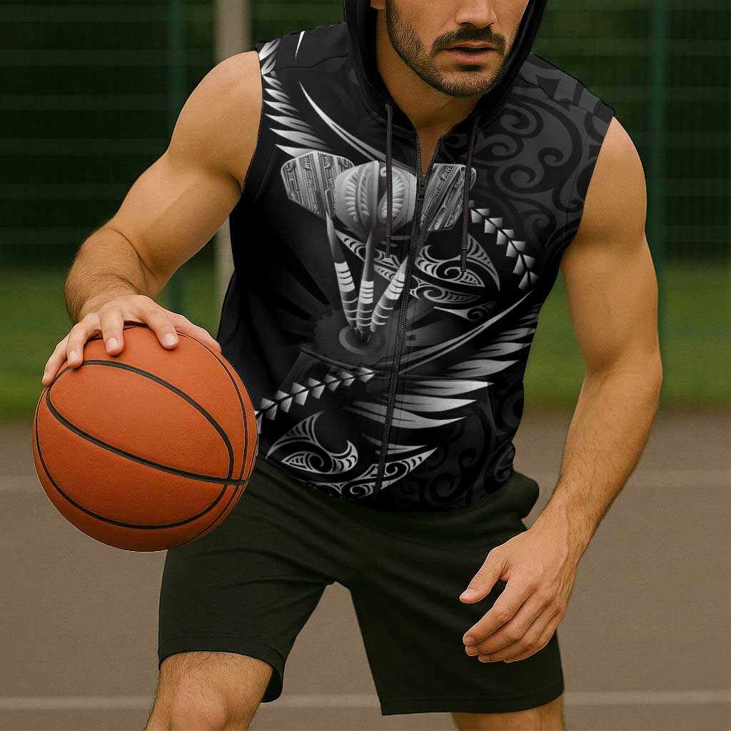 Personalised All Black New Zealand Darts Sleeveless Zip Hoodie Aoteroa Fern Maori Galaxy Style LT14