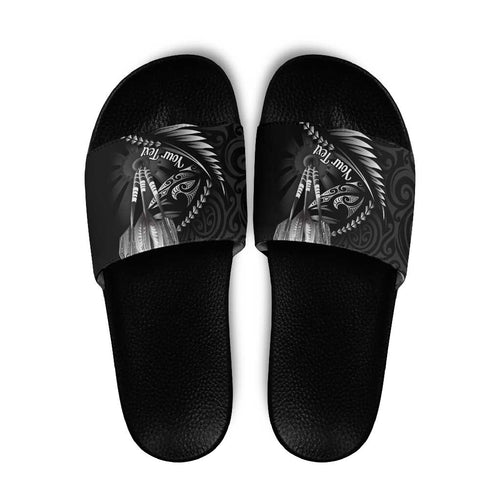 Personalised All Black New Zealand Darts Slide Sandals Aoteroa Fern Maori Galaxy Style - Aussie Hoodie