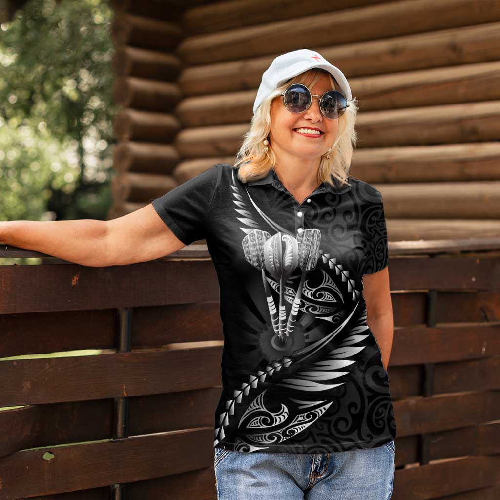 Personalised All Black New Zealand Darts Women Polo Shirt Aoteroa Fern Maori Galaxy Style