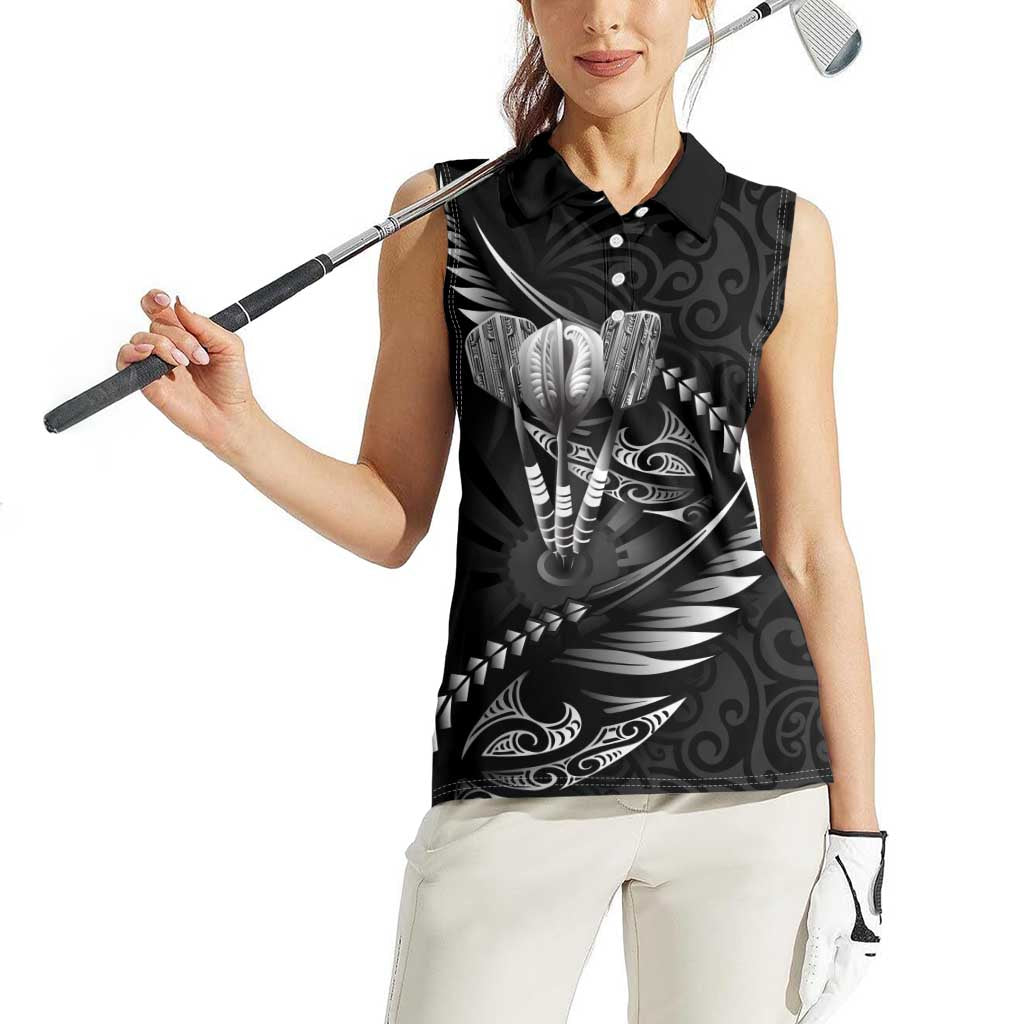 Personalised All Black New Zealand Darts Women Sleeveless Polo Shirt Aoteroa Fern Maori Galaxy Style