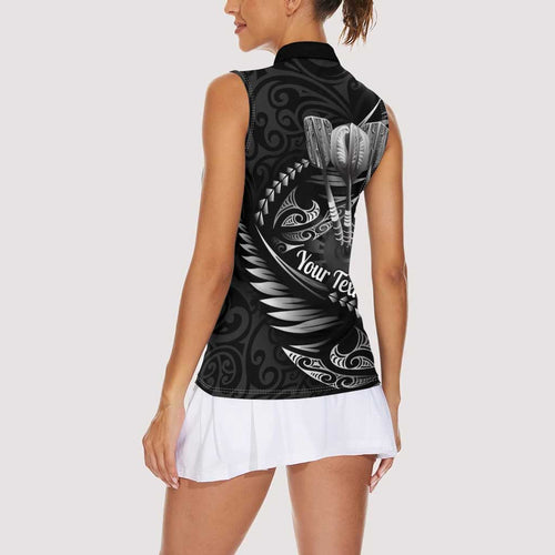 Personalised All Black New Zealand Darts Women Sleeveless Polo Shirt Aoteroa Fern Maori Galaxy Style