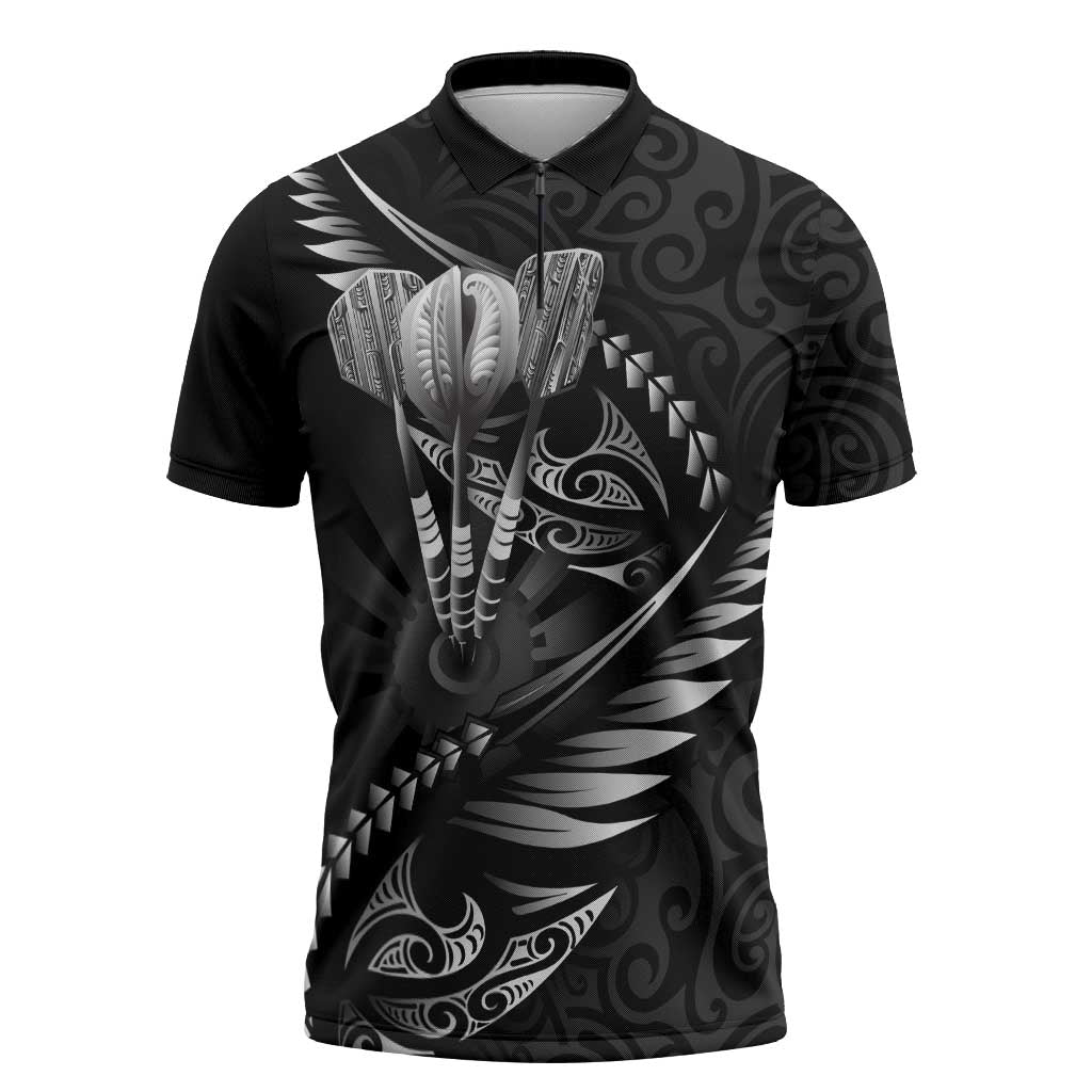 Personalised All Black New Zealand Darts Zipper Polo Shirt Aoteroa Fern Maori Galaxy Style - Aussie Hoodie