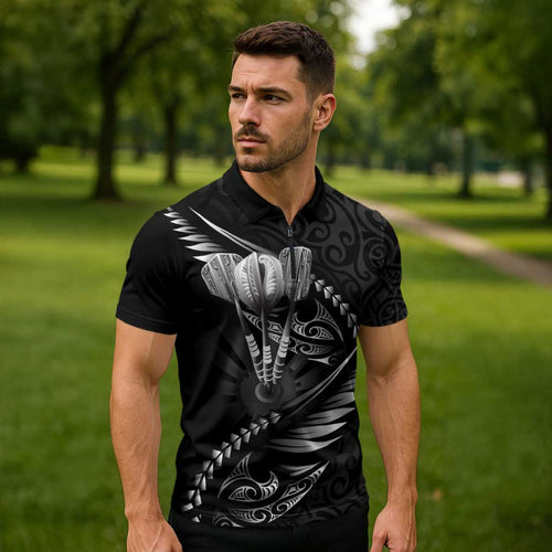 Personalised All Black New Zealand Darts Zipper Polo Shirt Aoteroa Fern Maori Galaxy Style - Aussie Hoodie