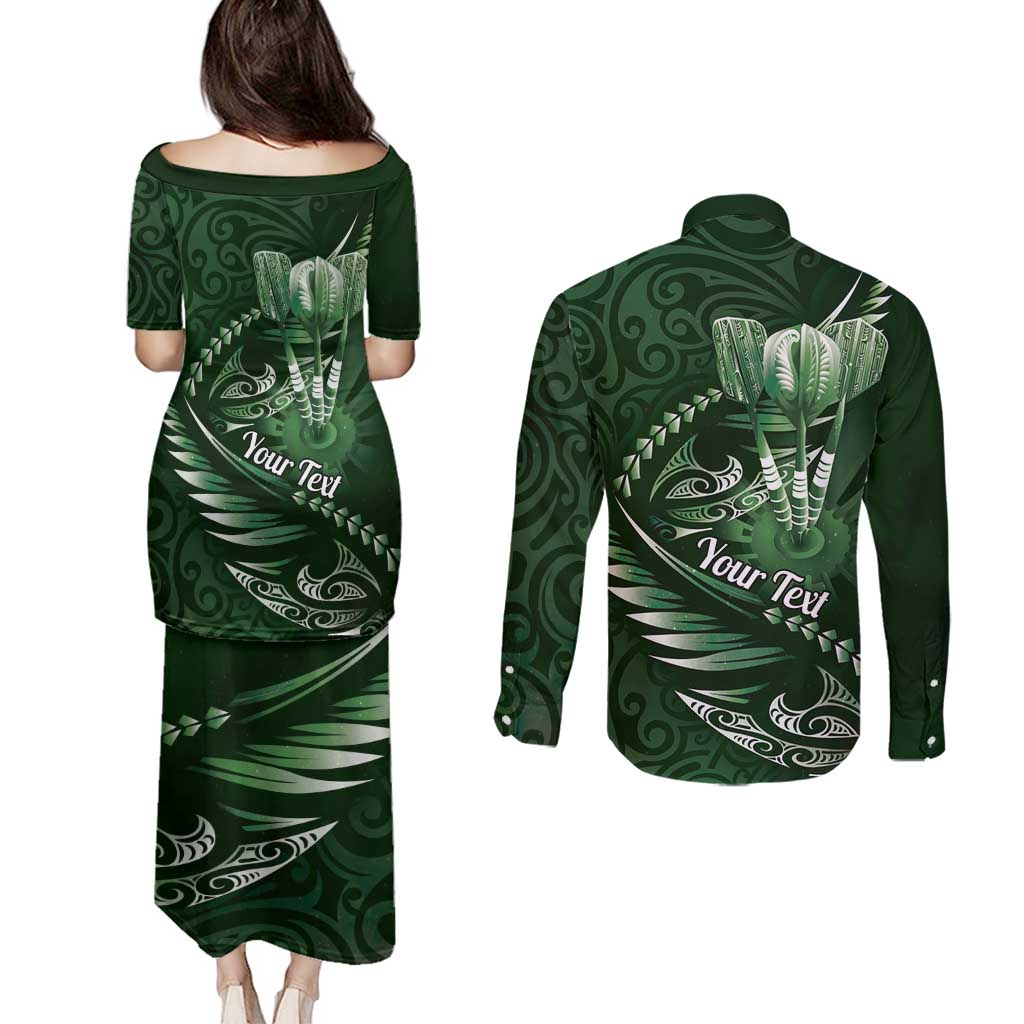 Personalised All Green New Zealand Darts Couples Matching Puletasi and Long Sleeve Button Shirt Aoteroa Fern Maori Galaxy Style