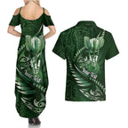 Personalised All Green New Zealand Darts Couples Matching Summer Maxi Dress and Hawaiian Shirt Aoteroa Fern Maori Galaxy Style