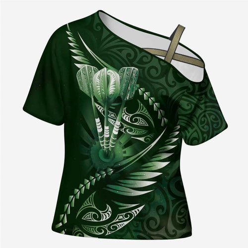Personalised All Green New Zealand Darts Cross Shoulder Shirt Aoteroa Fern Maori Galaxy Style - Aussie Hoodie