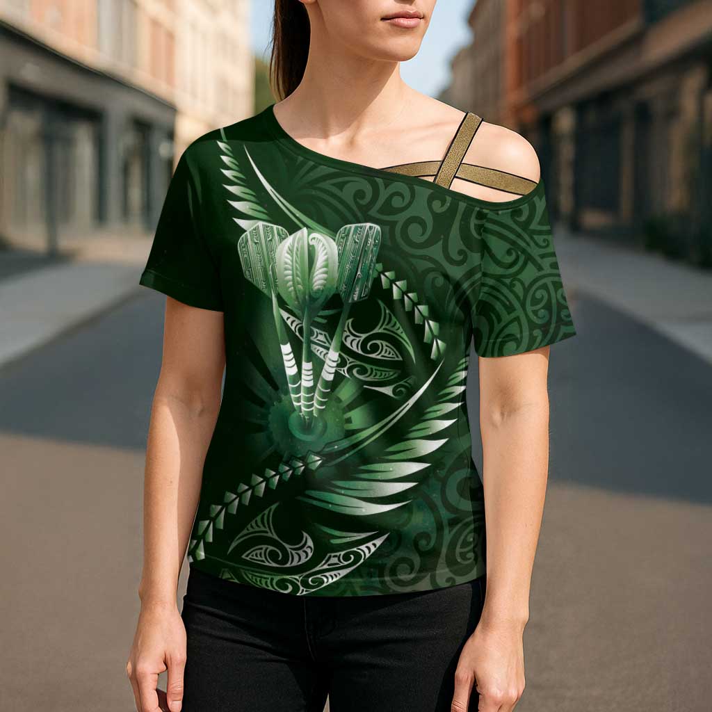Personalised All Green New Zealand Darts Cross Shoulder Shirt Aoteroa Fern Maori Galaxy Style - Aussie Hoodie