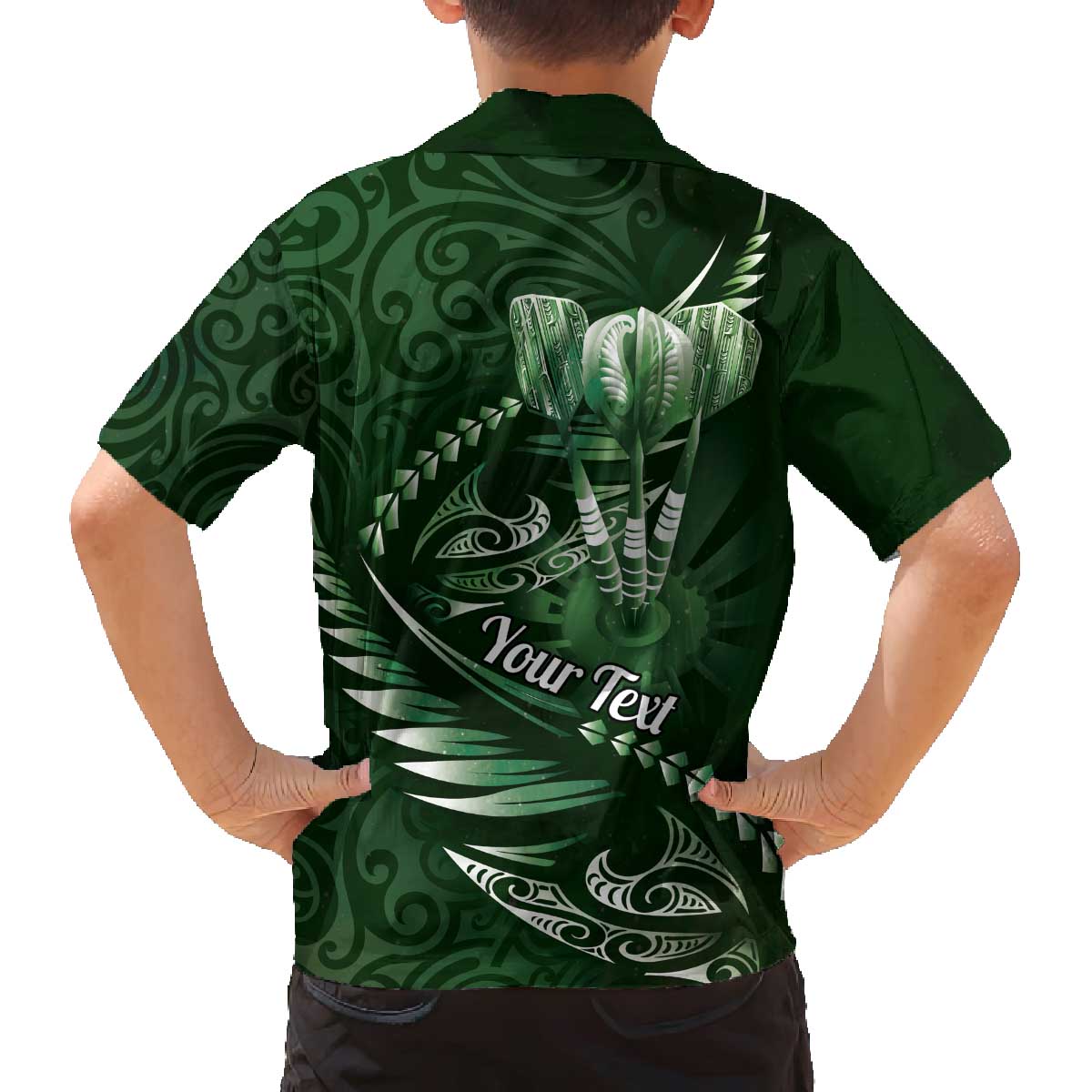 Personalised All Green New Zealand Darts Family Matching Off The Shoulder Long Sleeve Dress and Hawaiian Shirt Aoteroa Fern Maori Galaxy Style