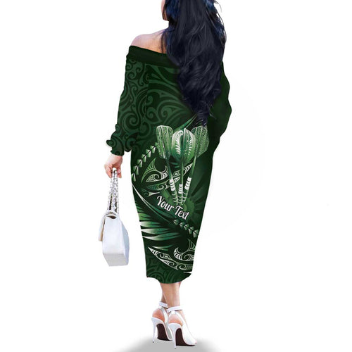 Personalised All Green New Zealand Darts Family Matching Off The Shoulder Long Sleeve Dress and Hawaiian Shirt Aoteroa Fern Maori Galaxy Style