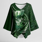 Personalised All Green New Zealand Darts Kimono Sleeve Blouse Aoteroa Fern Maori Galaxy Style - Aussie Hoodie