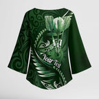 Personalised All Green New Zealand Darts Kimono Sleeve Blouse Aoteroa Fern Maori Galaxy Style - Aussie Hoodie