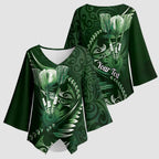 Personalised All Green New Zealand Darts Kimono Sleeve Blouse Aoteroa Fern Maori Galaxy Style - Aussie Hoodie