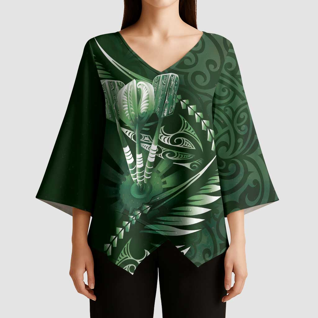 Personalised All Green New Zealand Darts Kimono Sleeve Blouse Aoteroa Fern Maori Galaxy Style - Aussie Hoodie