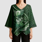 Personalised All Green New Zealand Darts Kimono Sleeve Blouse Aoteroa Fern Maori Galaxy Style - Aussie Hoodie