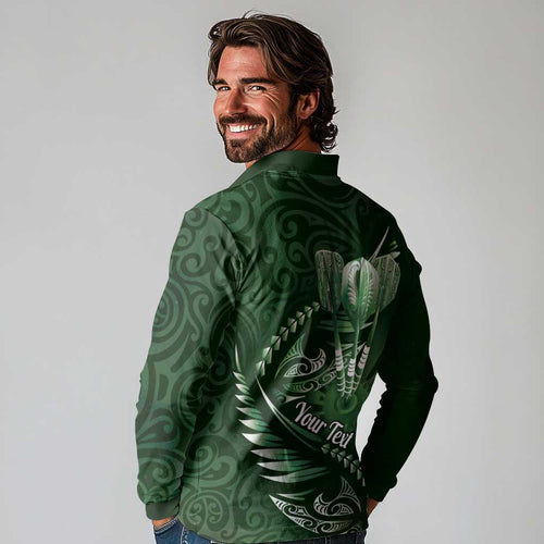 Personalised All Green New Zealand Darts Long Sleeve Polo Shirt Aoteroa Fern Maori Galaxy Style