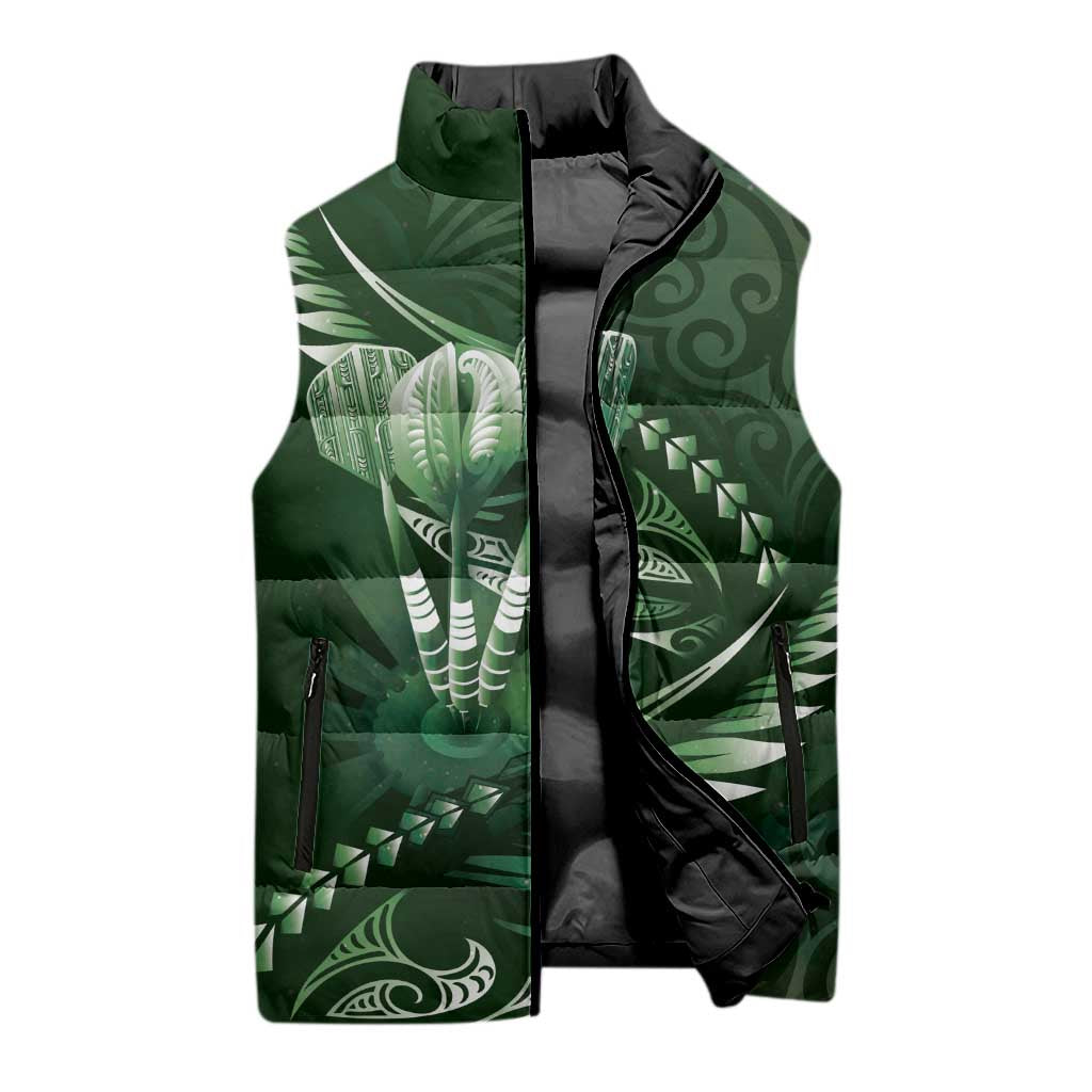 Personalised All Green New Zealand Darts Sleeveless Puffer Jacket Aoteroa Fern Maori Galaxy Style - Aussie Hoodie