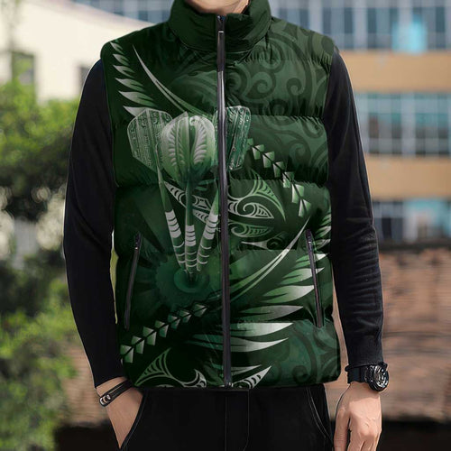 Personalised All Green New Zealand Darts Sleeveless Puffer Jacket Aoteroa Fern Maori Galaxy Style - Aussie Hoodie