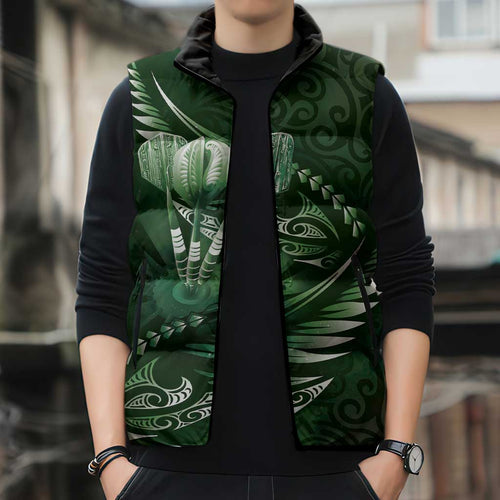 Personalised All Green New Zealand Darts Sleeveless Puffer Jacket Aoteroa Fern Maori Galaxy Style - Aussie Hoodie