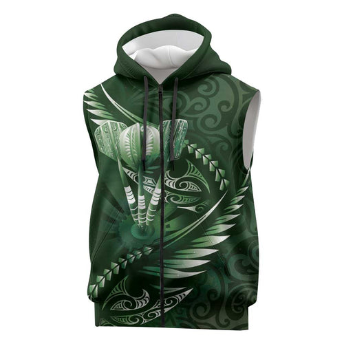 Personalised All Green New Zealand Darts Sleeveless Zip Hoodie Aoteroa Fern Maori Galaxy Style LT14