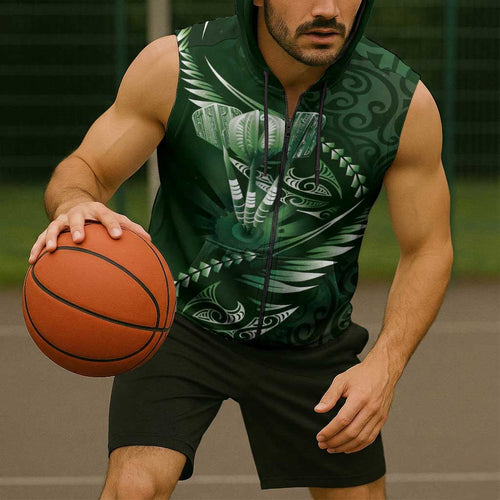 Personalised All Green New Zealand Darts Sleeveless Zip Hoodie Aoteroa Fern Maori Galaxy Style LT14