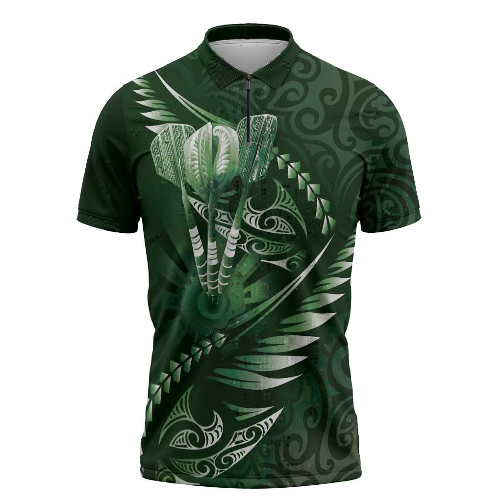 Personalised All Green New Zealand Darts Zipper Polo Shirt Aoteroa Fern Maori Galaxy Style - Aussie Hoodie