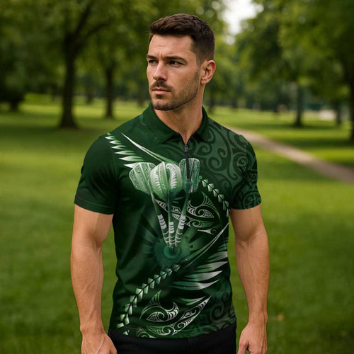 Personalised All Green New Zealand Darts Zipper Polo Shirt Aoteroa Fern Maori Galaxy Style - Aussie Hoodie