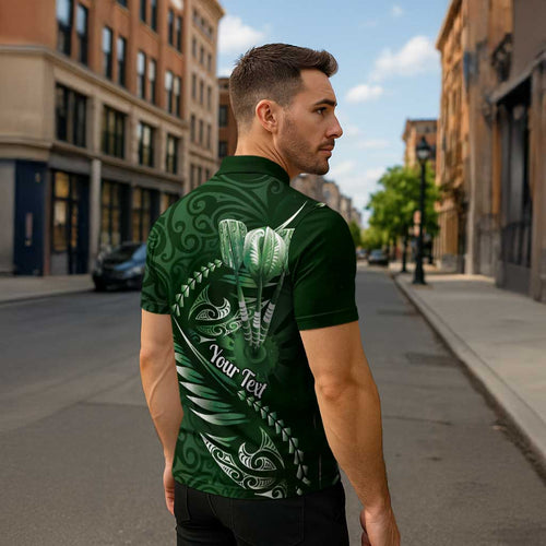 Personalised All Green New Zealand Darts Zipper Polo Shirt Aoteroa Fern Maori Galaxy Style - Aussie Hoodie