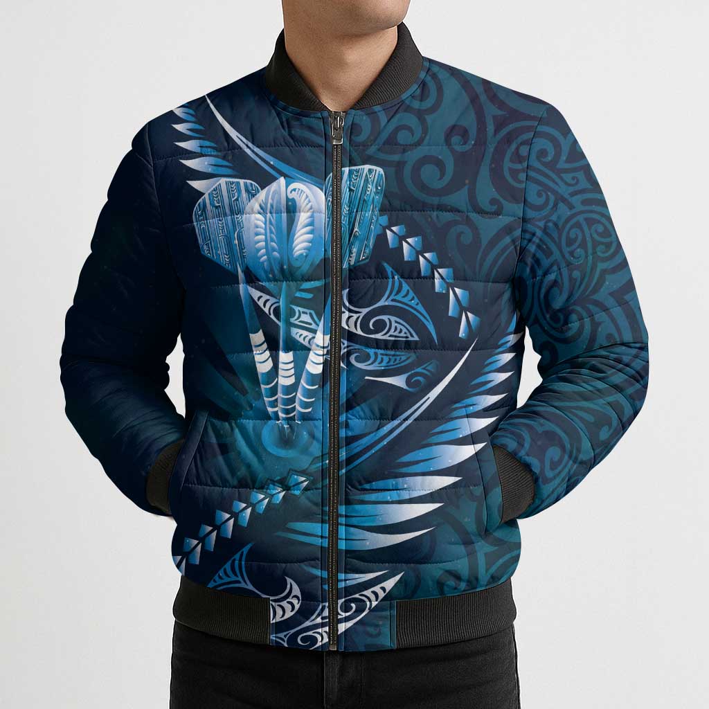 Personalised All Blue New Zealand Darts Bomber Puffer Jacket Aoteroa Fern Maori Galaxy Style - Aussie Hoodie