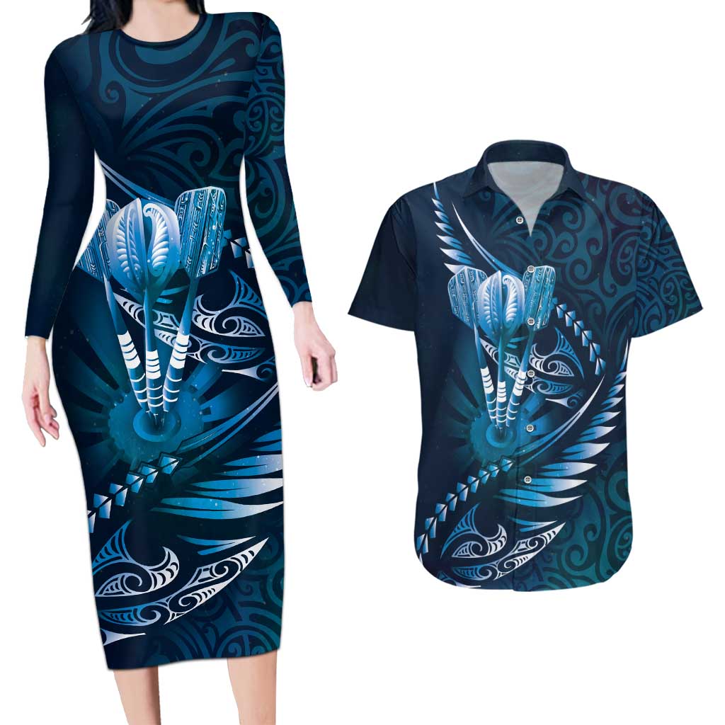 Personalised All Blue New Zealand Darts Couples Matching Long Sleeve Bodycon Dress and Hawaiian Shirt Aoteroa Fern Maori Galaxy Style