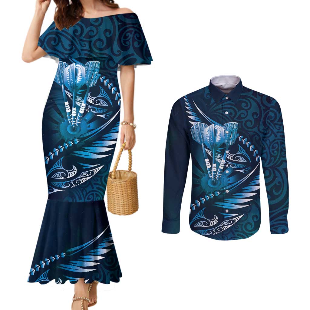Personalised All Blue New Zealand Darts Couples Matching Mermaid Dress and Long Sleeve Button Shirt Aoteroa Fern Maori Galaxy Style