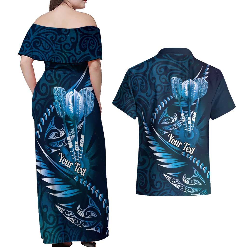 Personalised All Blue New Zealand Darts Couples Matching Off Shoulder Maxi Dress and Hawaiian Shirt Aoteroa Fern Maori Galaxy Style