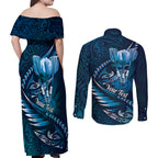 Personalised All Blue New Zealand Darts Couples Matching Off Shoulder Maxi Dress and Long Sleeve Button Shirt Aoteroa Fern Maori Galaxy Style
