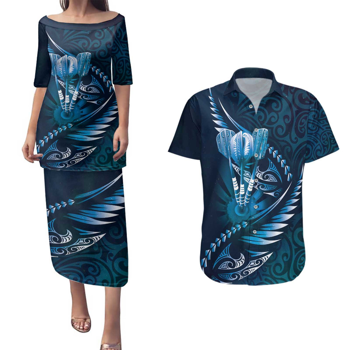 Personalised All Blue New Zealand Darts Couples Matching Puletasi and Hawaiian Shirt Aoteroa Fern Maori Galaxy Style