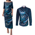 Personalised All Blue New Zealand Darts Couples Matching Puletasi and Long Sleeve Button Shirt Aoteroa Fern Maori Galaxy Style