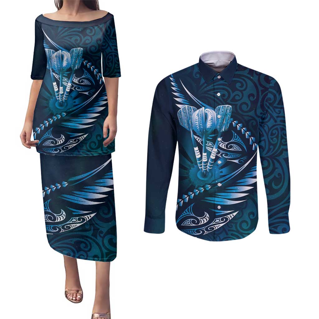 Personalised All Blue New Zealand Darts Couples Matching Puletasi and Long Sleeve Button Shirt Aoteroa Fern Maori Galaxy Style
