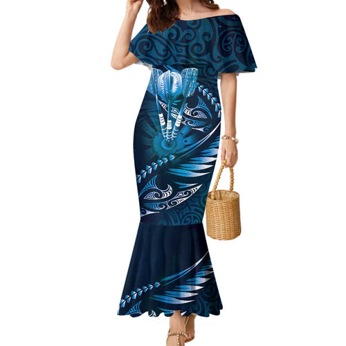 Personalised All Blue New Zealand Darts Family Matching Mermaid Dress and Hawaiian Shirt Aoteroa Fern Maori Galaxy Style
