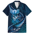 Personalised All Blue New Zealand Darts Family Matching Off The Shoulder Long Sleeve Dress and Hawaiian Shirt Aoteroa Fern Maori Galaxy Style