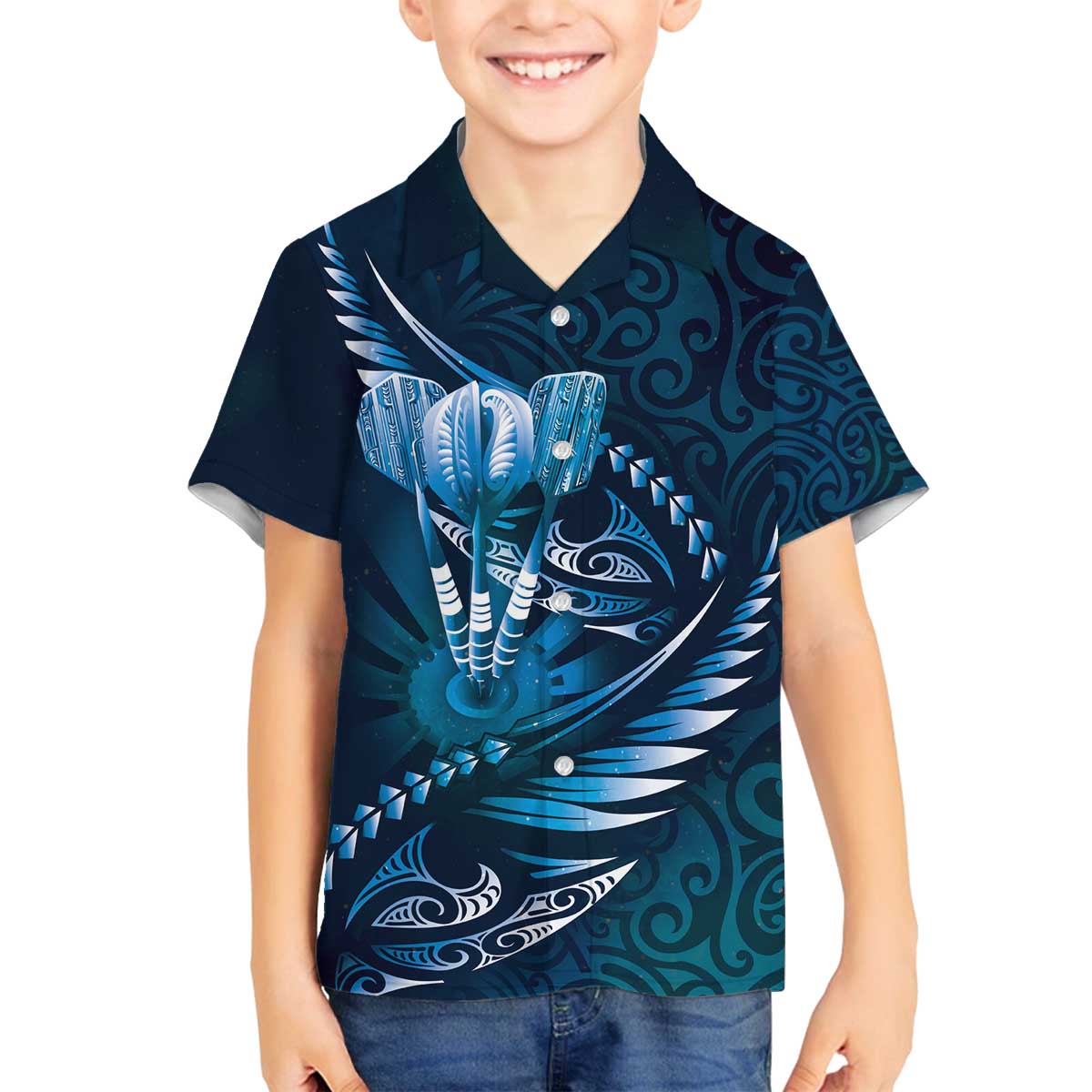 Personalised All Blue New Zealand Darts Family Matching Off The Shoulder Long Sleeve Dress and Hawaiian Shirt Aoteroa Fern Maori Galaxy Style