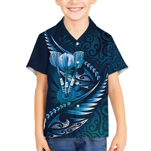 Personalised All Blue New Zealand Darts Family Matching Off Shoulder Short Dress and Hawaiian Shirt Aoteroa Fern Maori Galaxy Style
