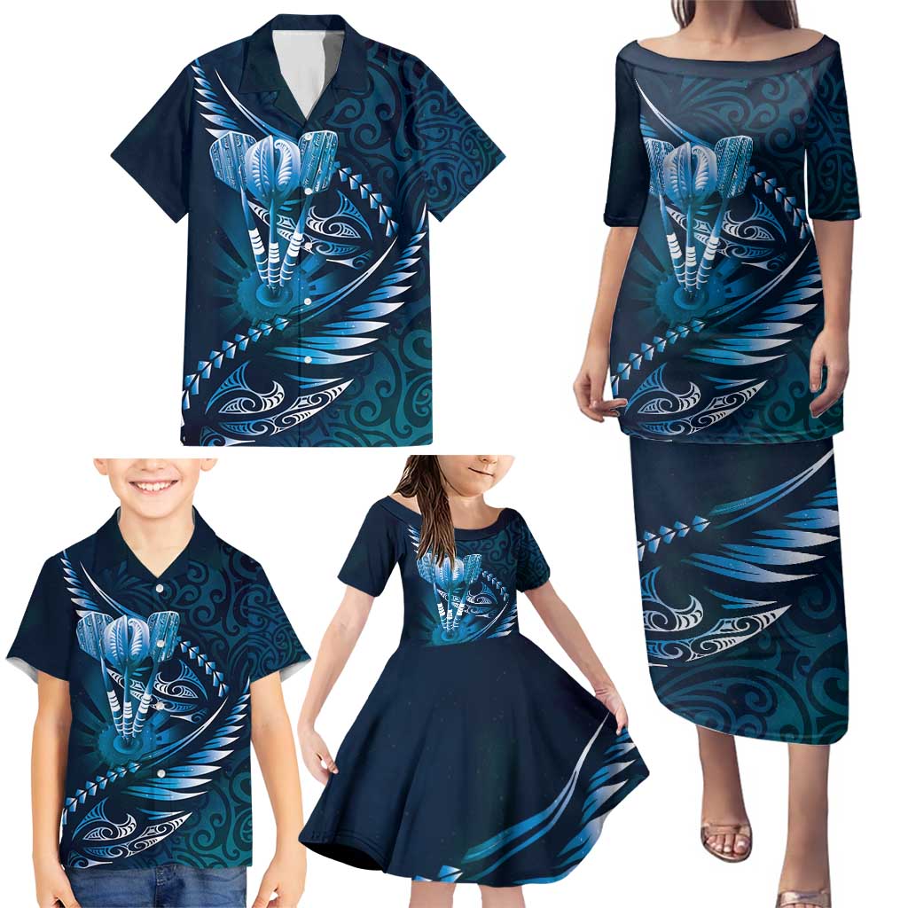 Personalised All Blue New Zealand Darts Family Matching Puletasi and Hawaiian Shirt Aoteroa Fern Maori Galaxy Style