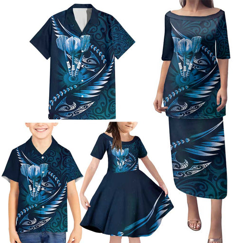 Personalised All Blue New Zealand Darts Family Matching Puletasi and Hawaiian Shirt Aoteroa Fern Maori Galaxy Style