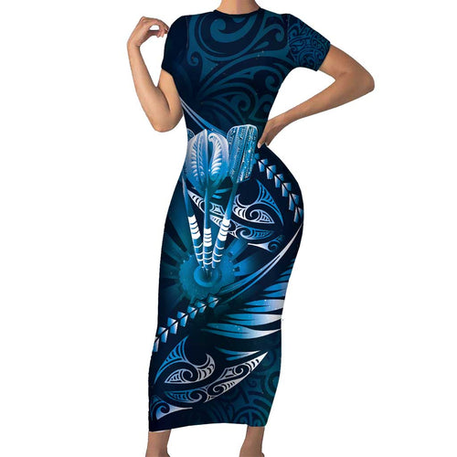 Personalised All Blue New Zealand Darts Family Matching Short Sleeve Bodycon Dress and Hawaiian Shirt Aoteroa Fern Maori Galaxy Style