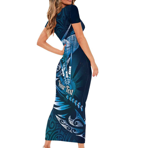 Personalised All Blue New Zealand Darts Family Matching Short Sleeve Bodycon Dress and Hawaiian Shirt Aoteroa Fern Maori Galaxy Style