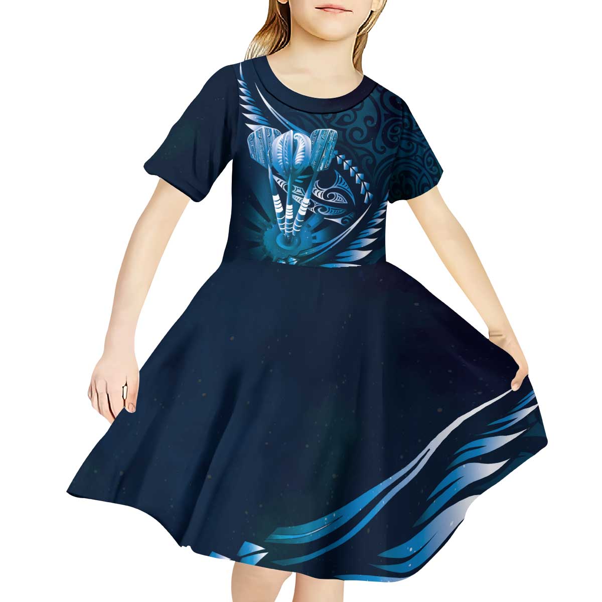 Personalised All Blue New Zealand Darts Kid Short Sleeve Dress Aoteroa Fern Maori Galaxy Style
